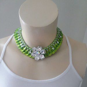 Handmade recycled lime green crystal statement flower necklace choker OOAK